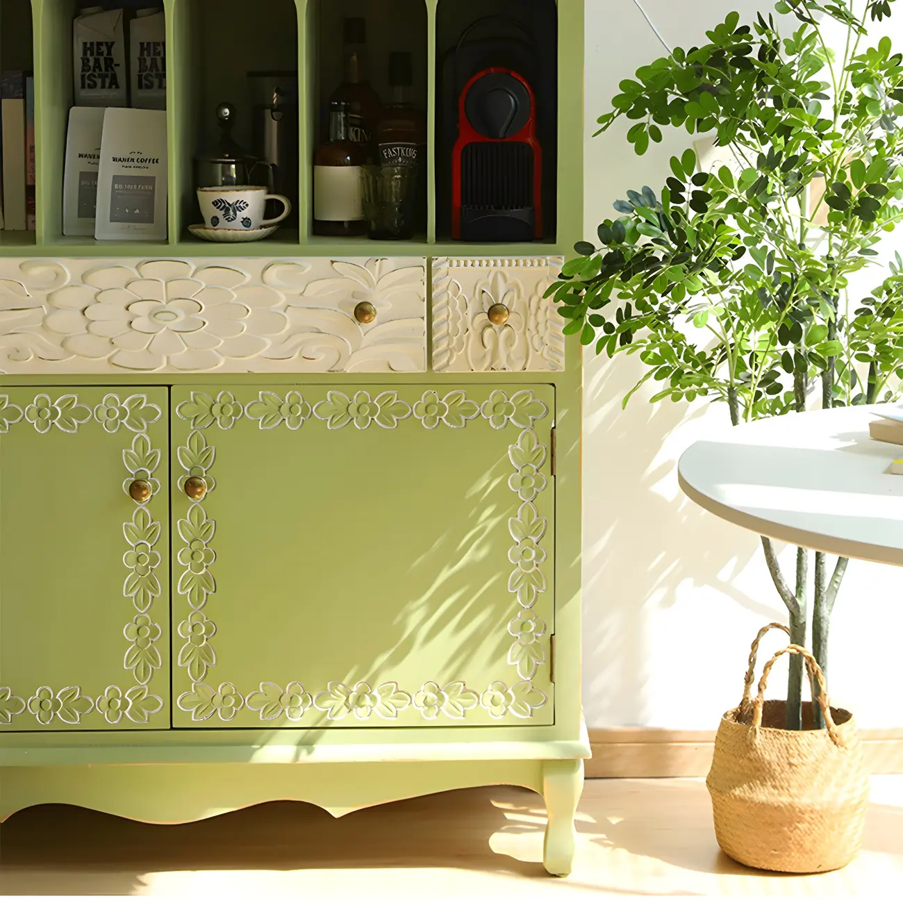 Rustic Green Wooden Display Cabinet with Storage for Kitchen Image - 9 | homeyfad