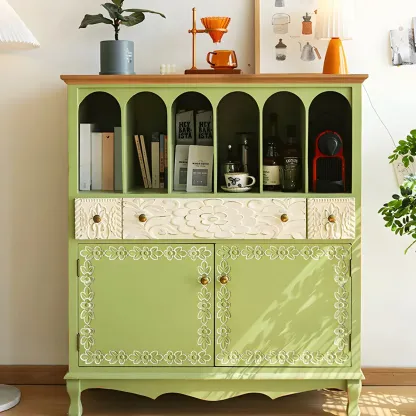 Rustic Green Wooden Display Cabinet with Storage for Kitchen Image - 10