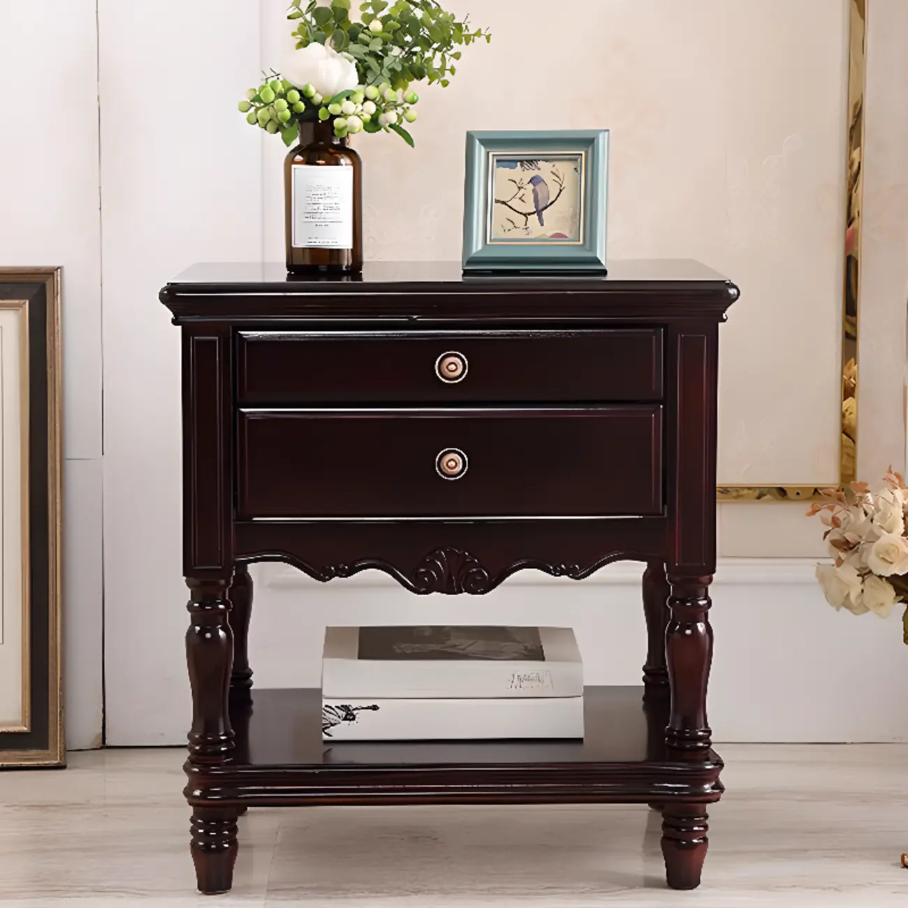 Traditional Nightstand with 1 Shelf Open Storage and 2 Drawers Image - 9 | homeyfad