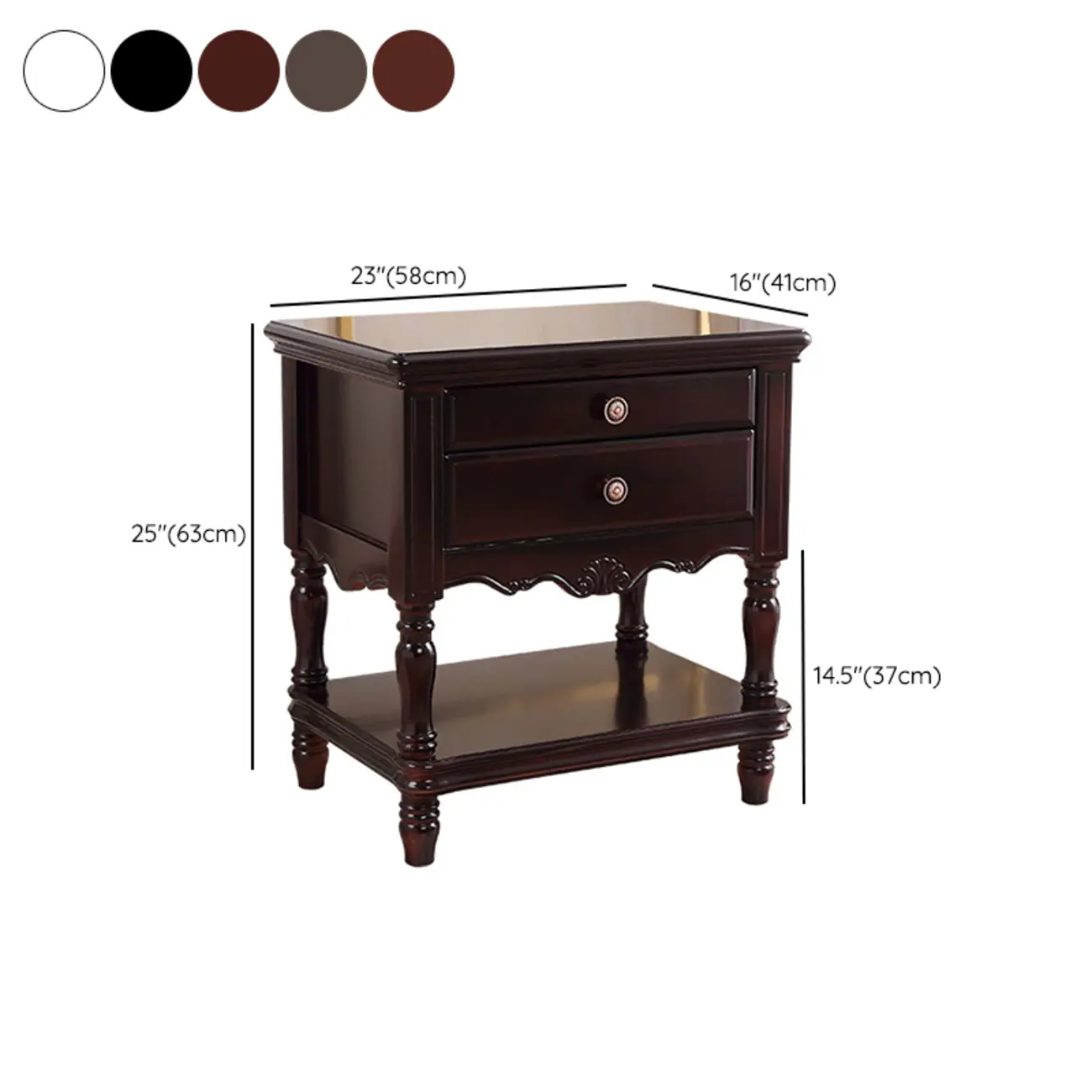 Traditional Nightstand with 1 Shelf Open Storage and 2 Drawers #size