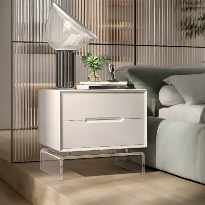 Modern Acrylic Leg Timber White Nightstand with Drawers Image - 1
