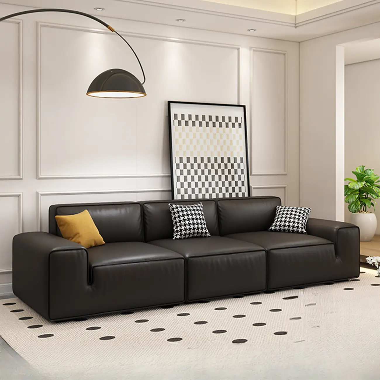 Modern Black Leather 3-Seat Sofa with Concealed Support Image - 1 | homeyfad