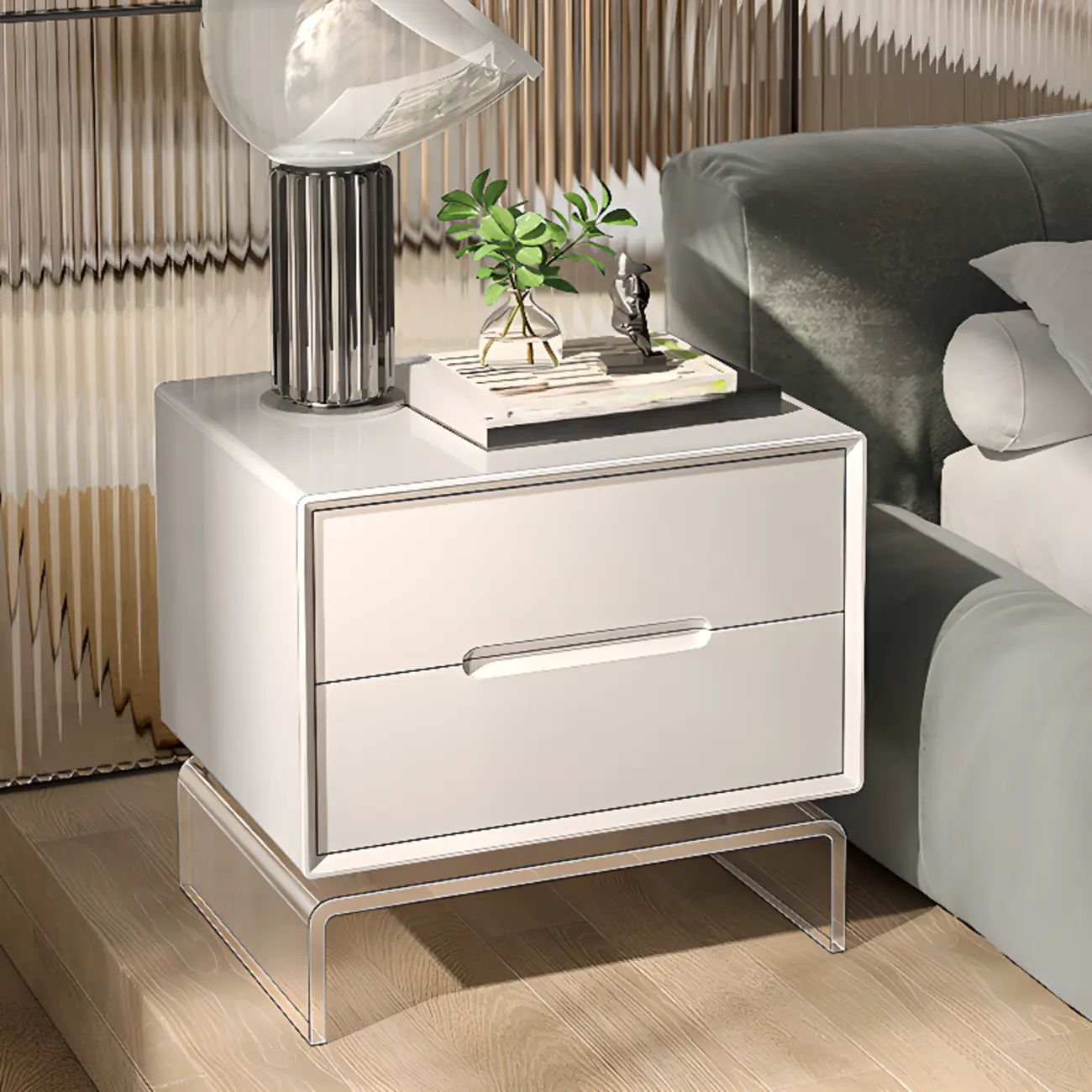 Modern Acrylic Leg Timber White Nightstand with Drawers Image - 8 | homeyfad