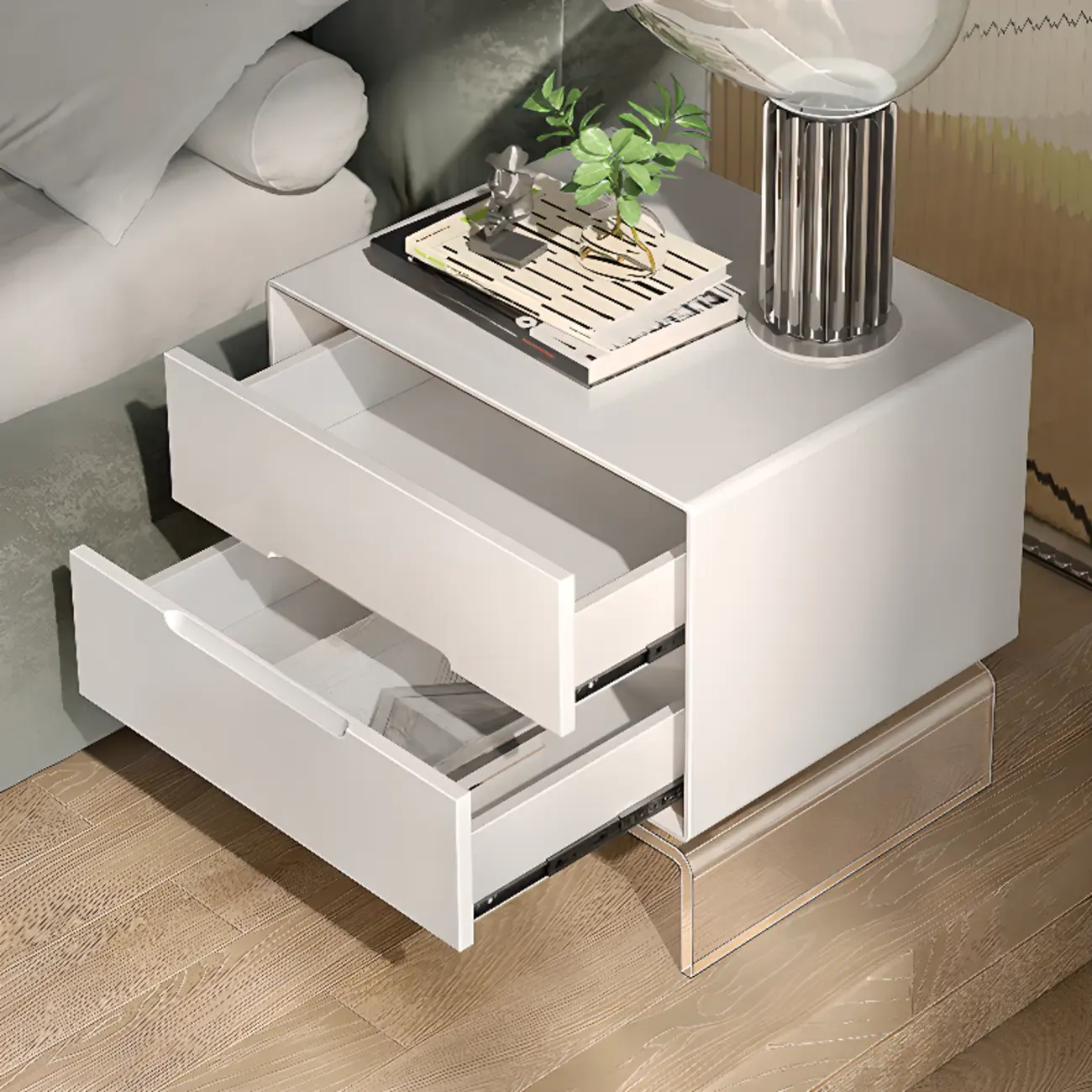 Modern Acrylic Leg Timber White Nightstand with Drawers Image - 10