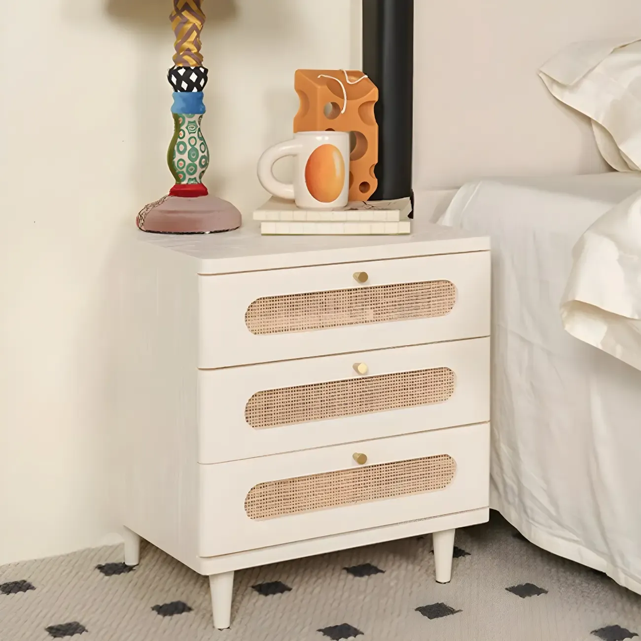 Mid-Century White Wood Nightstand with 3 Drawers Image - 13