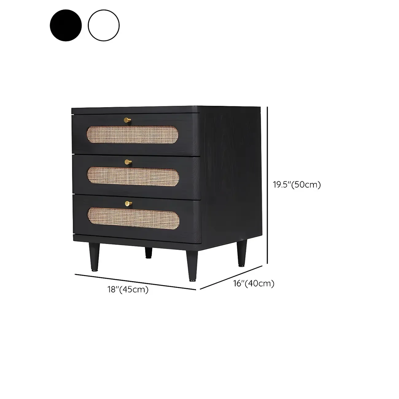 Mid-Century White Wood Nightstand with 3 Drawers #size