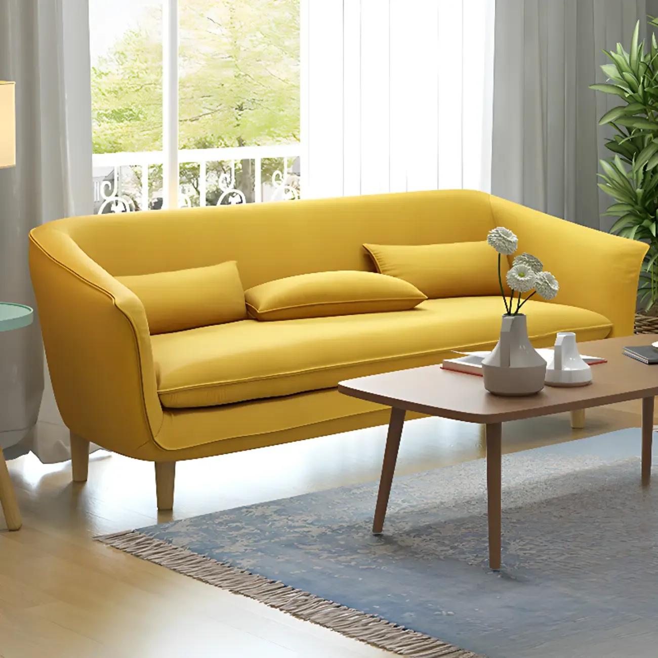 Modern Yellow Linen Upholstery Sofa with Pillows Image - 1