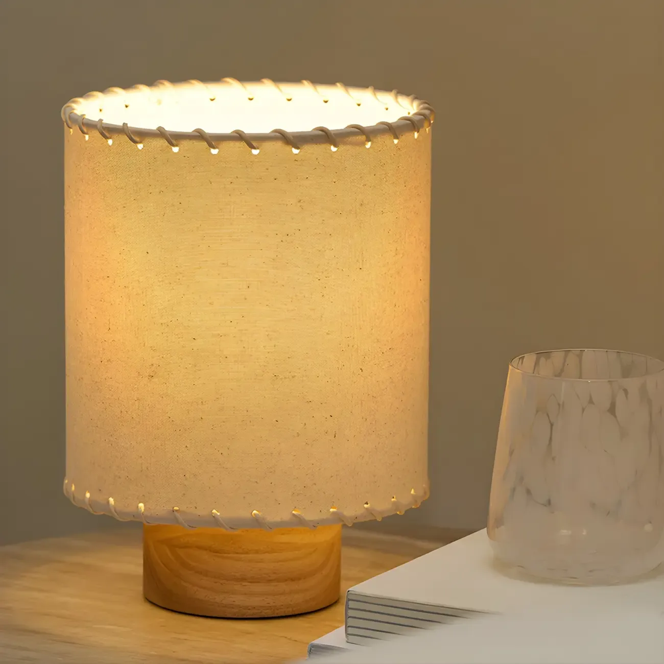 Rustic White Drum Wood Table Lamp for Ambient Bedroom Image - 2