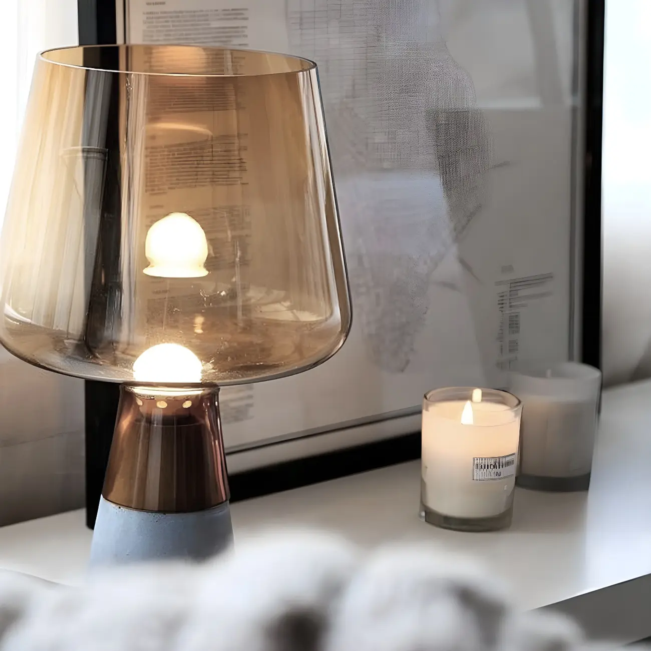 Modern Amber Glass Geometric Table Lamp for Bedroom Image - 4 | homeyfad