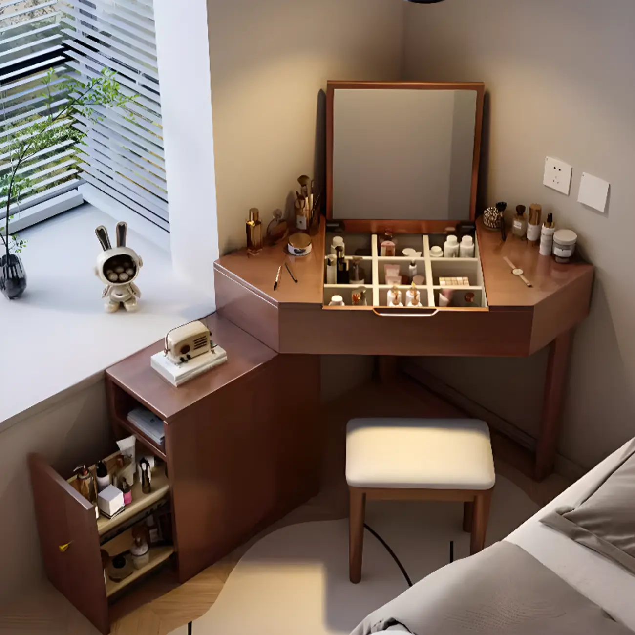 Natural Wood Corner Makeup Vanity with Built-in Storage Mirror and Divider Image - 1 | homeyfad