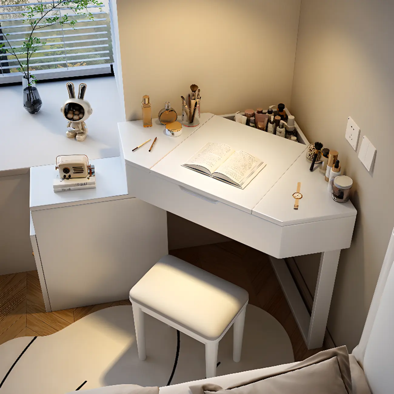 Natural Wood Corner Makeup Vanity with Built-in Storage Mirror and Divider Image - 2 | homeyfad