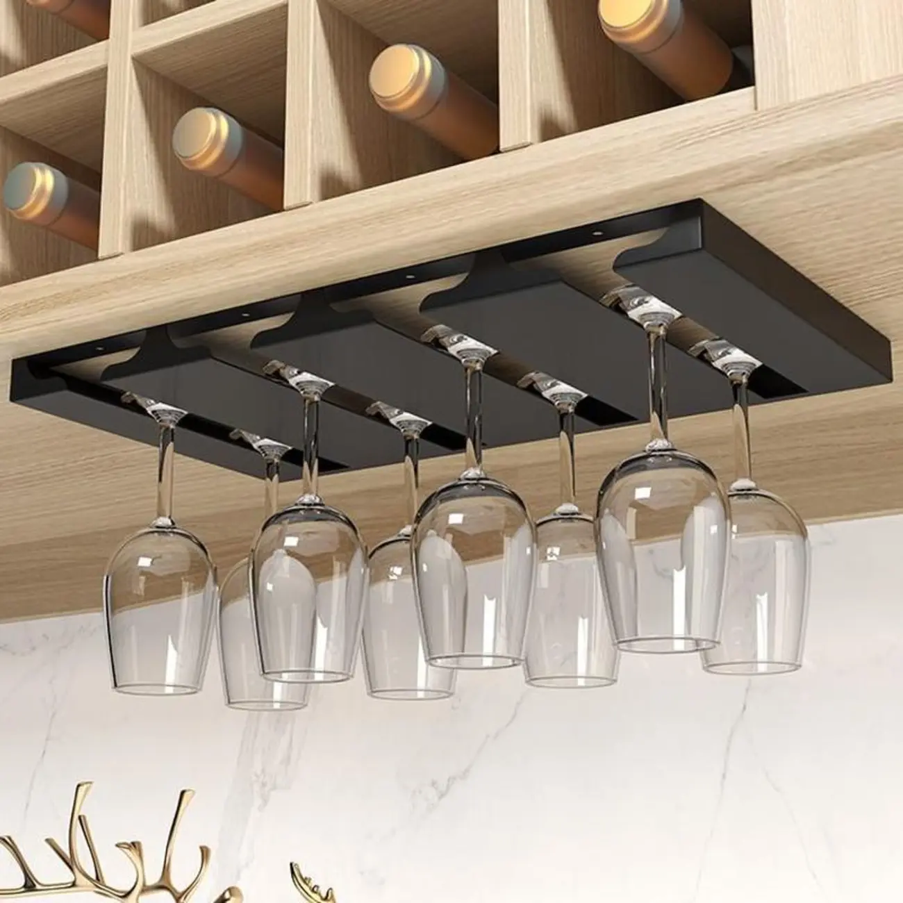 Compact Black Metal Hanging Wine Glass Rack Under Cabinet Image - 1 | homeyfad