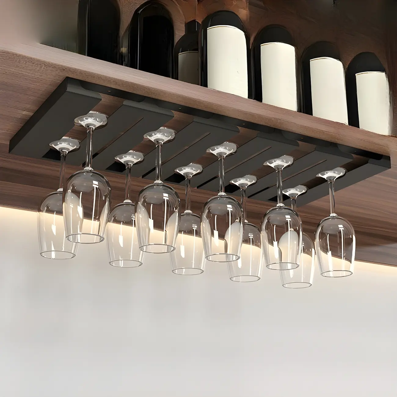 Compact Black Metal Hanging Wine Glass Rack Under Cabinet Image - 2 | homeyfad