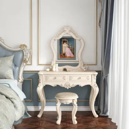 White Wood Victorian Makeup Vanity Set with Mirror and 2 Drawers Image - 1