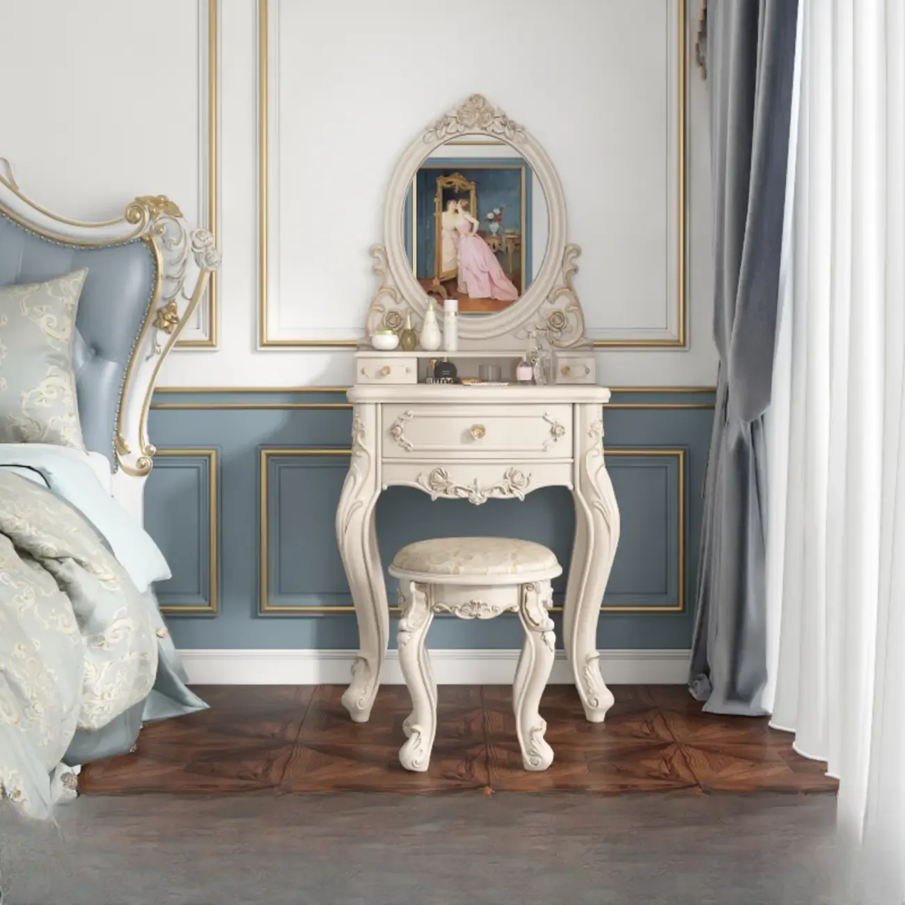 White Wood Victorian Makeup Vanity Set with Mirror and 2 Drawers Image - 2