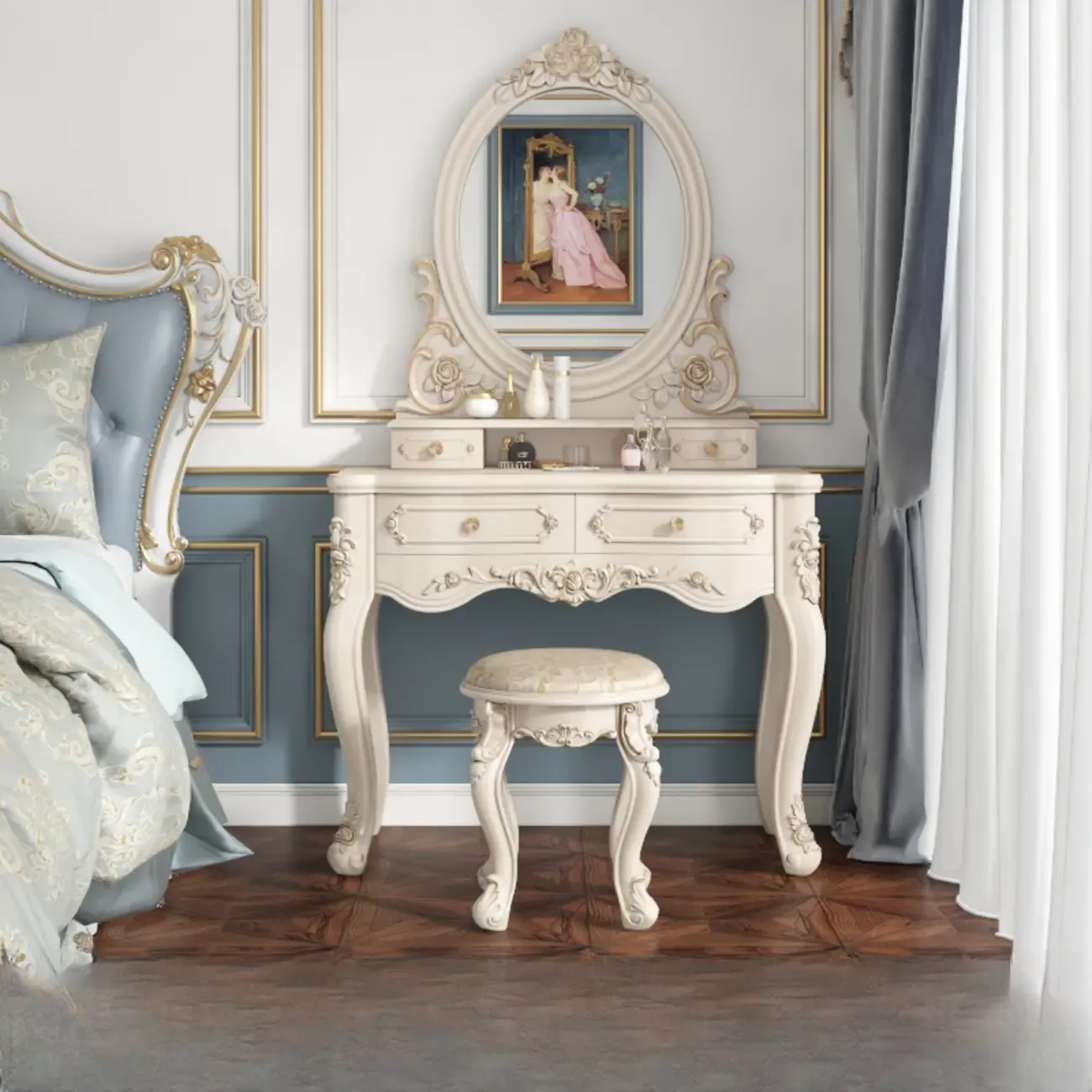 White Wood Victorian Makeup Vanity Set with Mirror and 2 Drawers Image - 3