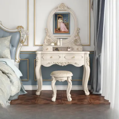 White Wood Victorian Makeup Vanity Set with Mirror and 2 Drawers Image - 3