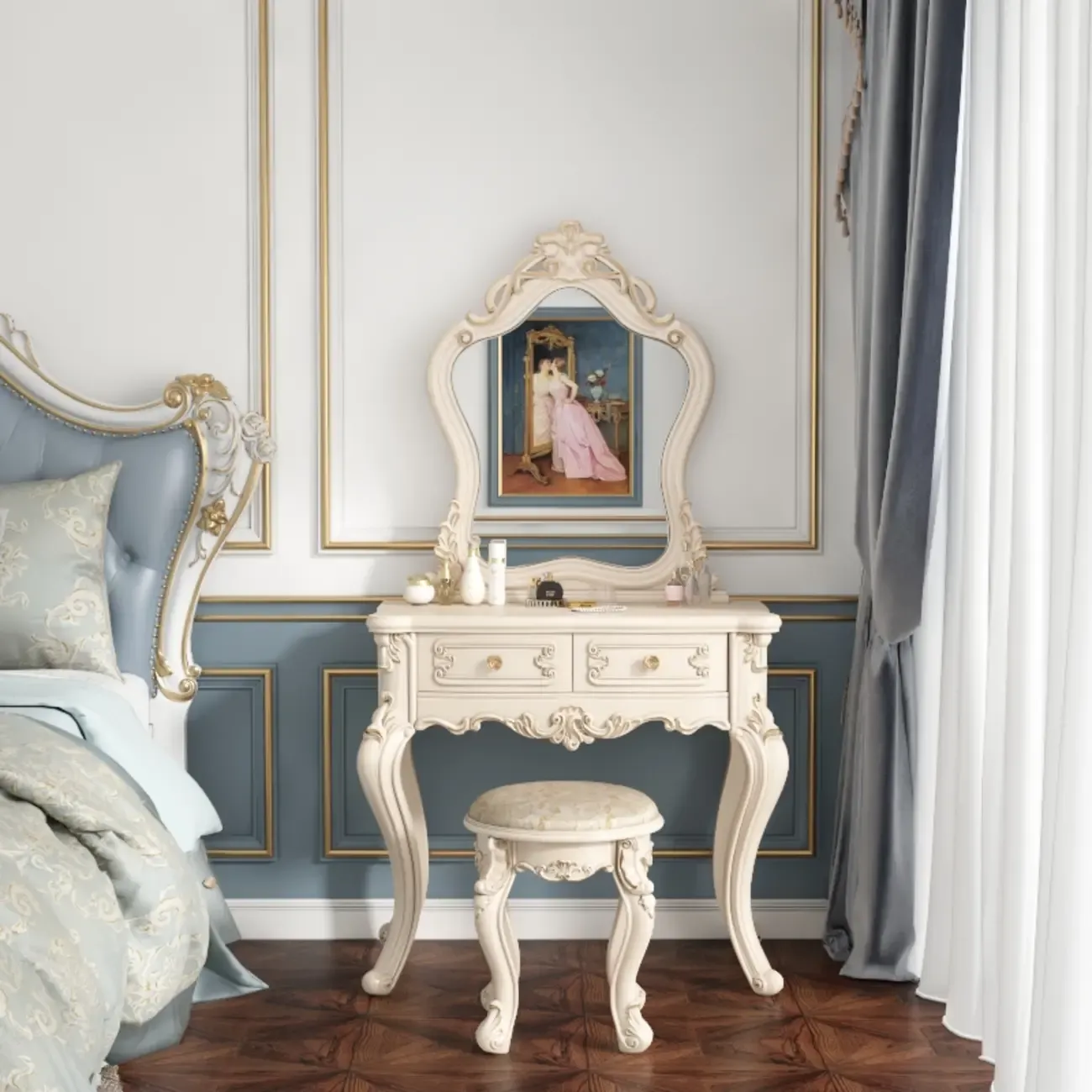 White Wood Victorian Makeup Vanity Set with Mirror and 2 Drawers Image - 4