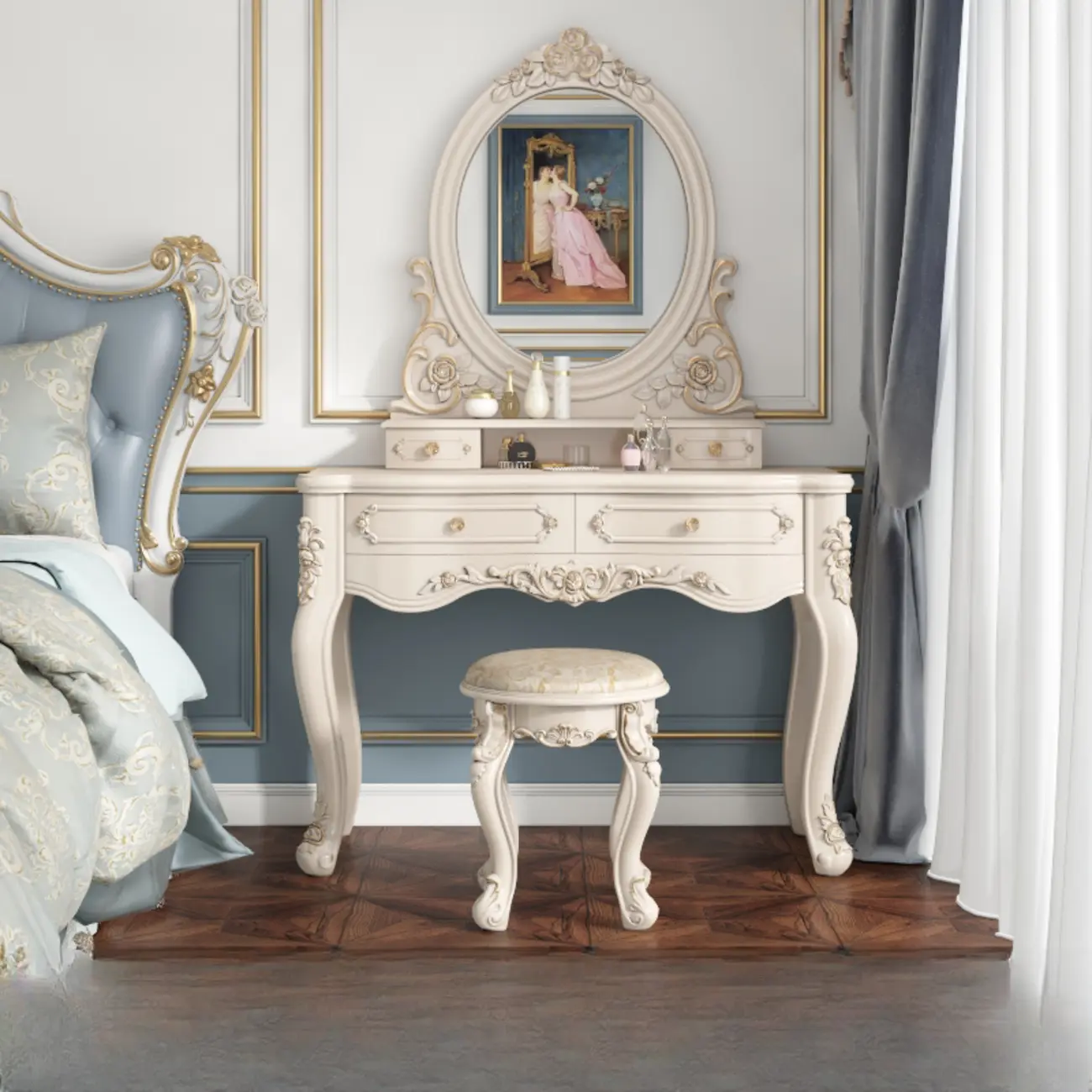 White Wood Victorian Makeup Vanity Set with Mirror and 2 Drawers Image - 5 | homeyfad