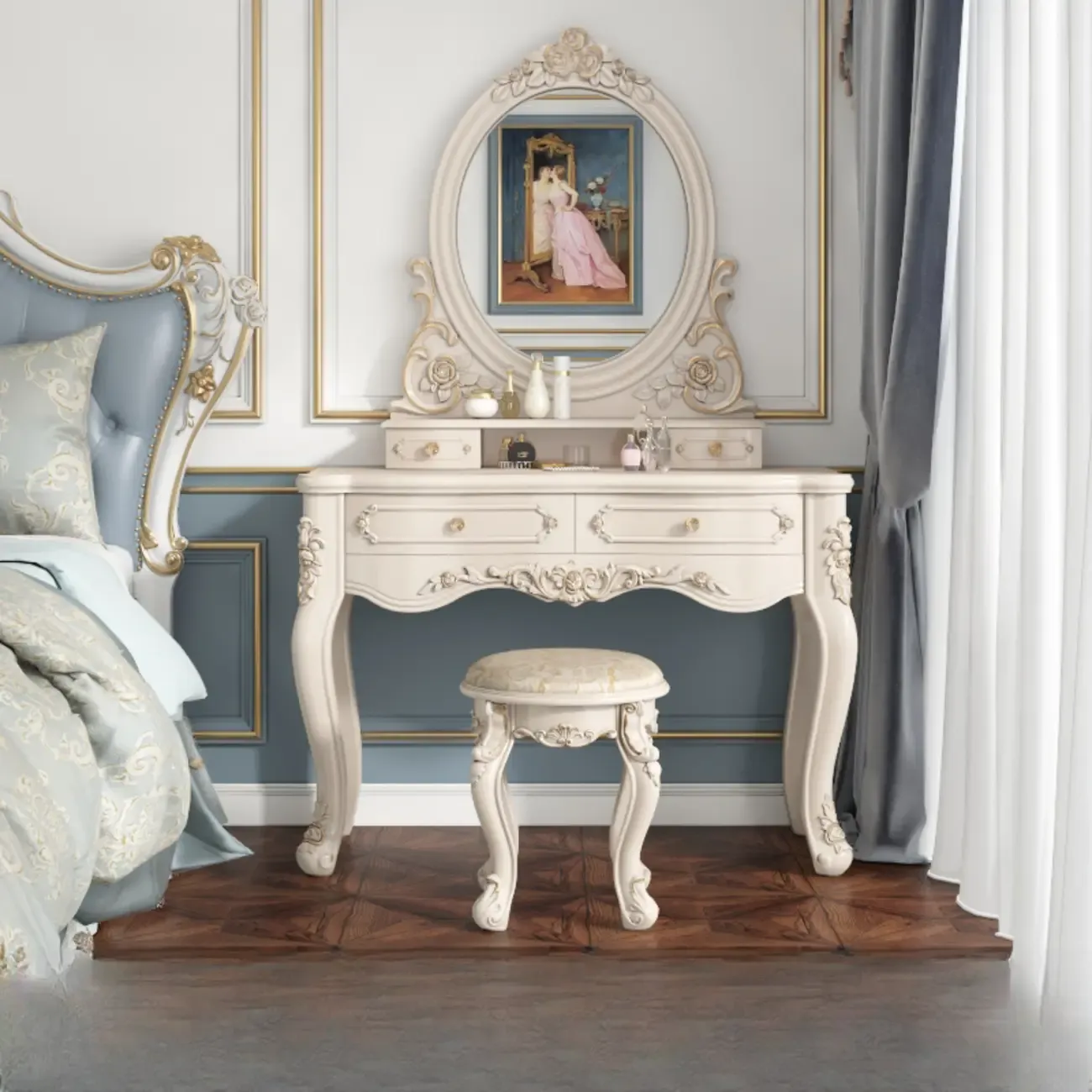 White Wood Victorian Makeup Vanity Set with Mirror and 2 Drawers Image - 5