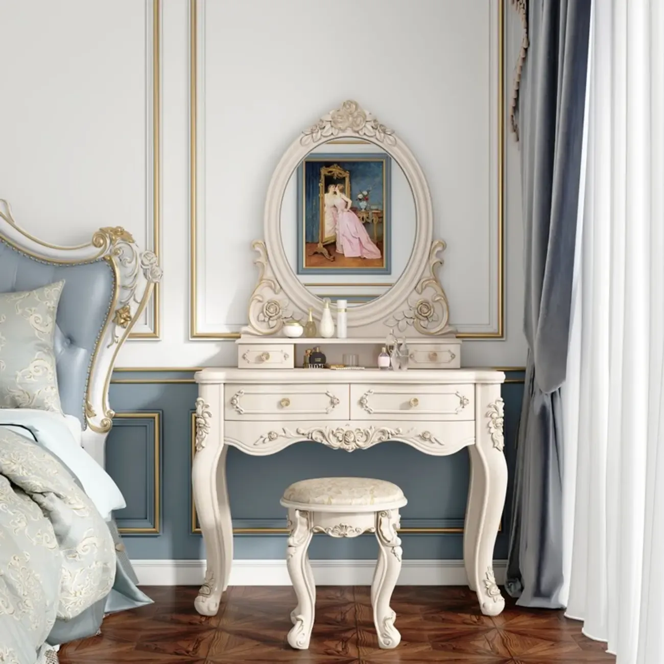 White Wood Victorian Makeup Vanity Set with Mirror and 2 Drawers Image - 6