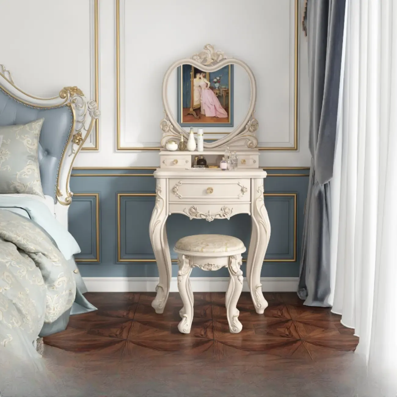 White Wood Victorian Makeup Vanity Set with Mirror and 2 Drawers Image - 7