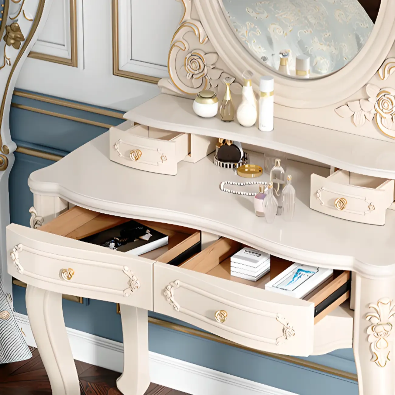 White Wood Victorian Makeup Vanity Set with Mirror and 2 Drawers Image - 8