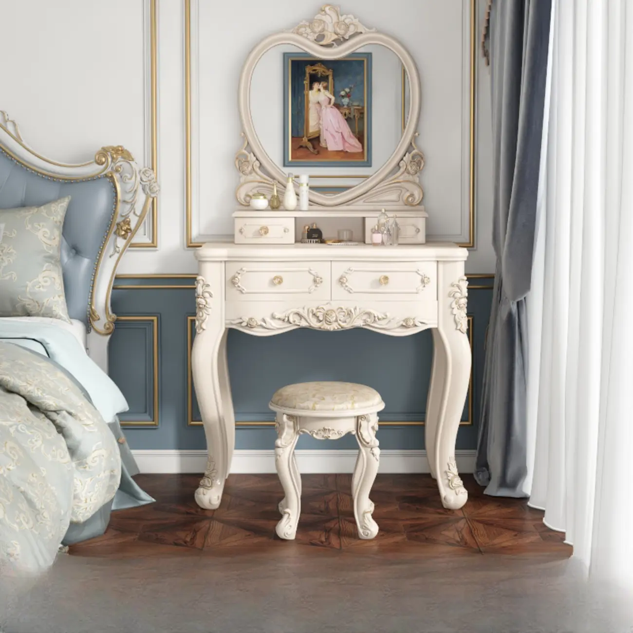 White Wood Victorian Makeup Vanity Set with Mirror and 2 Drawers Image - 9 | homeyfad