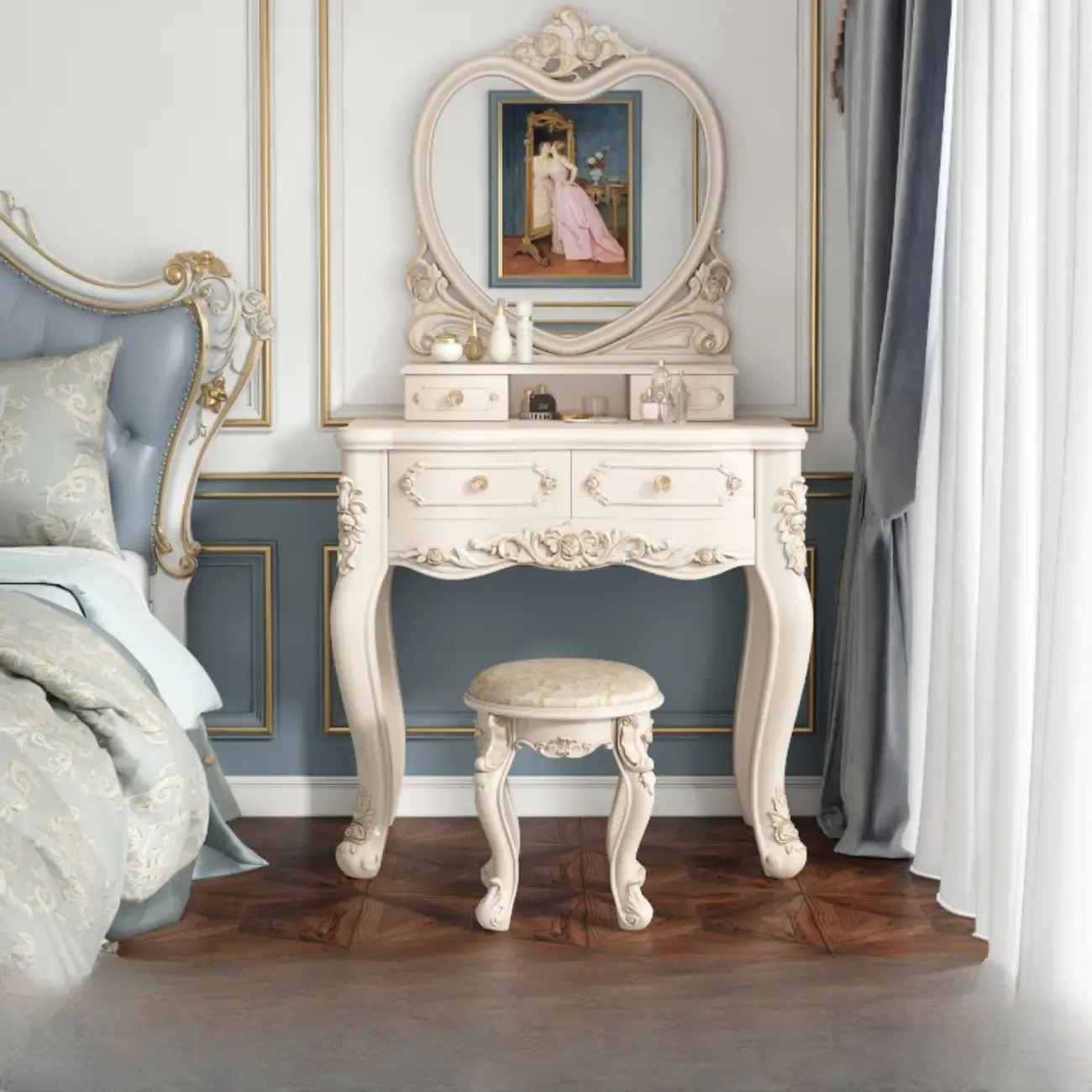 White Wood Victorian Makeup Vanity Set with Mirror and 2 Drawers Image - 9