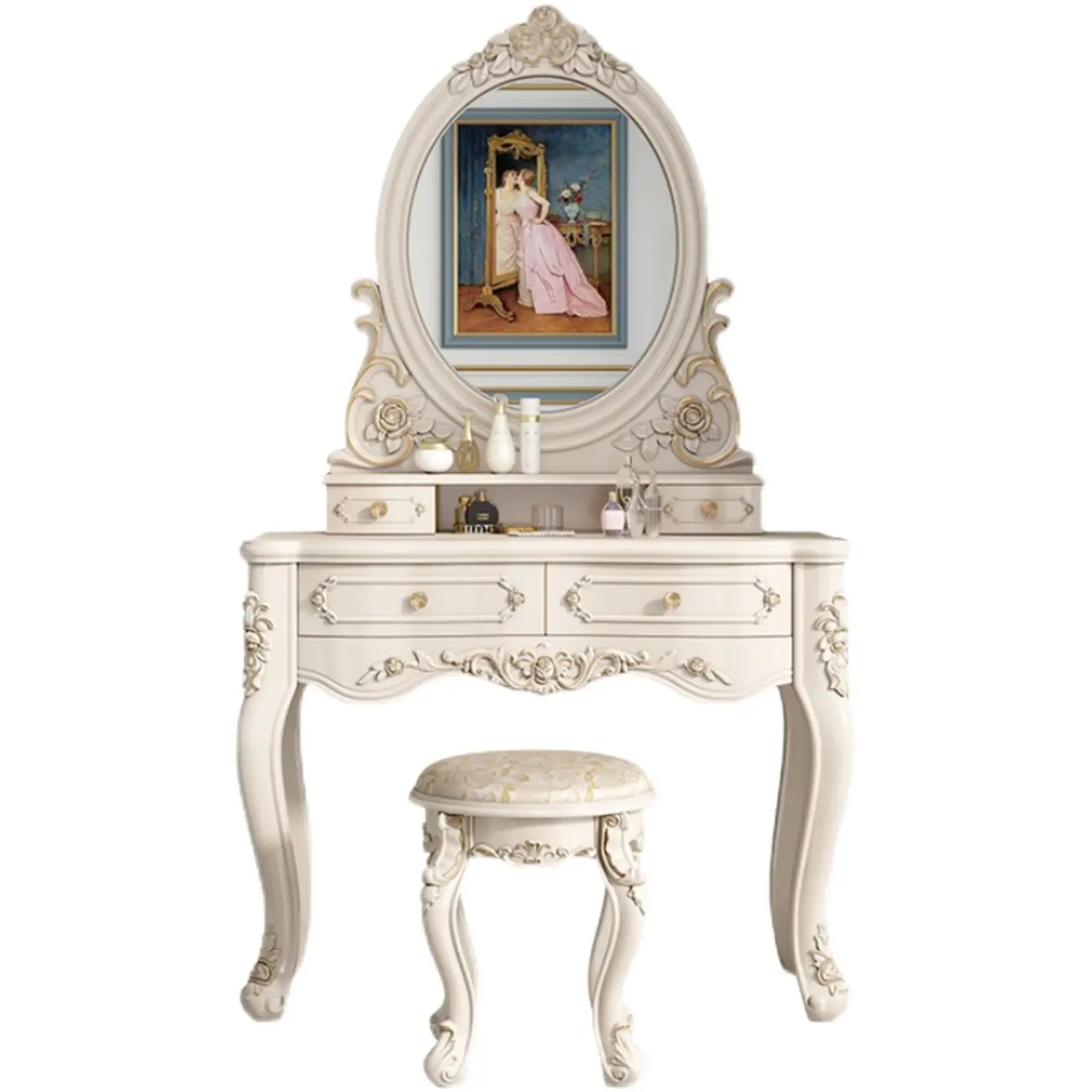 White Wood Victorian Makeup Vanity Set with Mirror and 2 Drawers Image - 10 | homeyfad