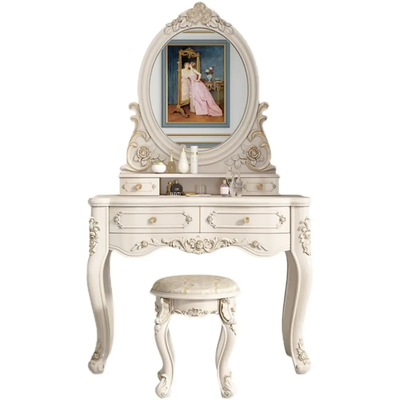 White Wood Victorian Makeup Vanity Set with Mirror and 2 Drawers Image - 10