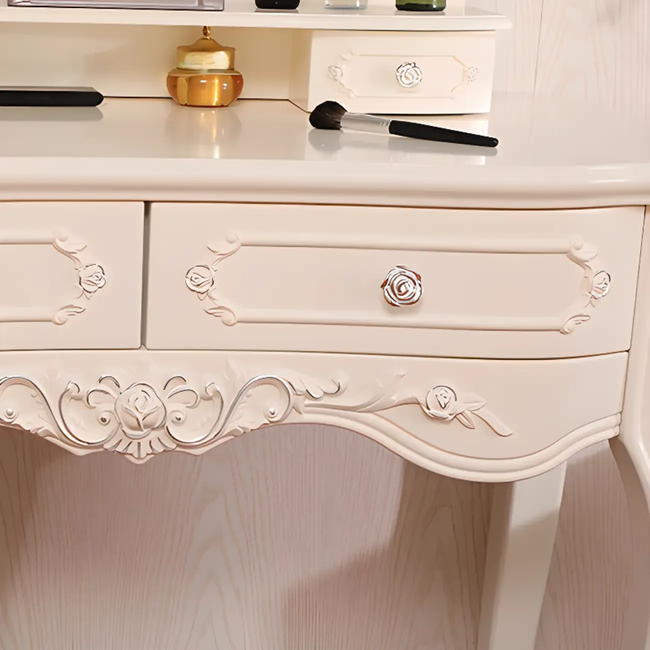 White Wood Victorian Makeup Vanity Set with Mirror and 2 Drawers Image - 11