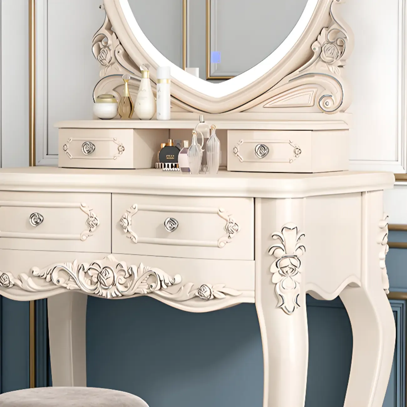 White Wood Victorian Makeup Vanity Set with Mirror and 2 Drawers Image - 12