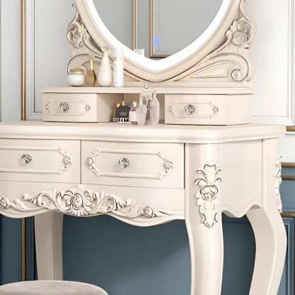 White Wood Victorian Makeup Vanity Set with Mirror and 2 Drawers Image - 12