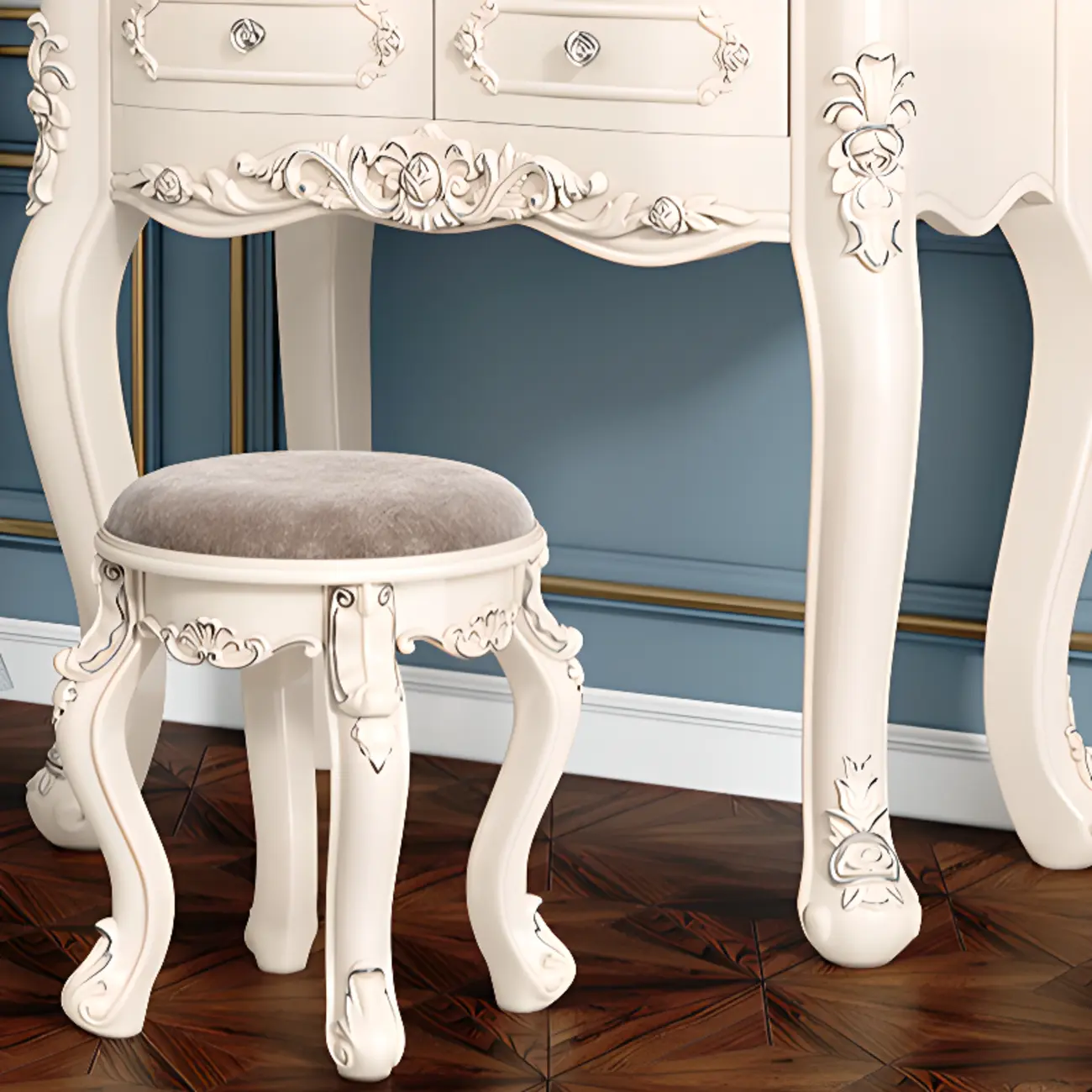 White Wood Victorian Makeup Vanity Set with Mirror and 2 Drawers Image - 13 | homeyfad