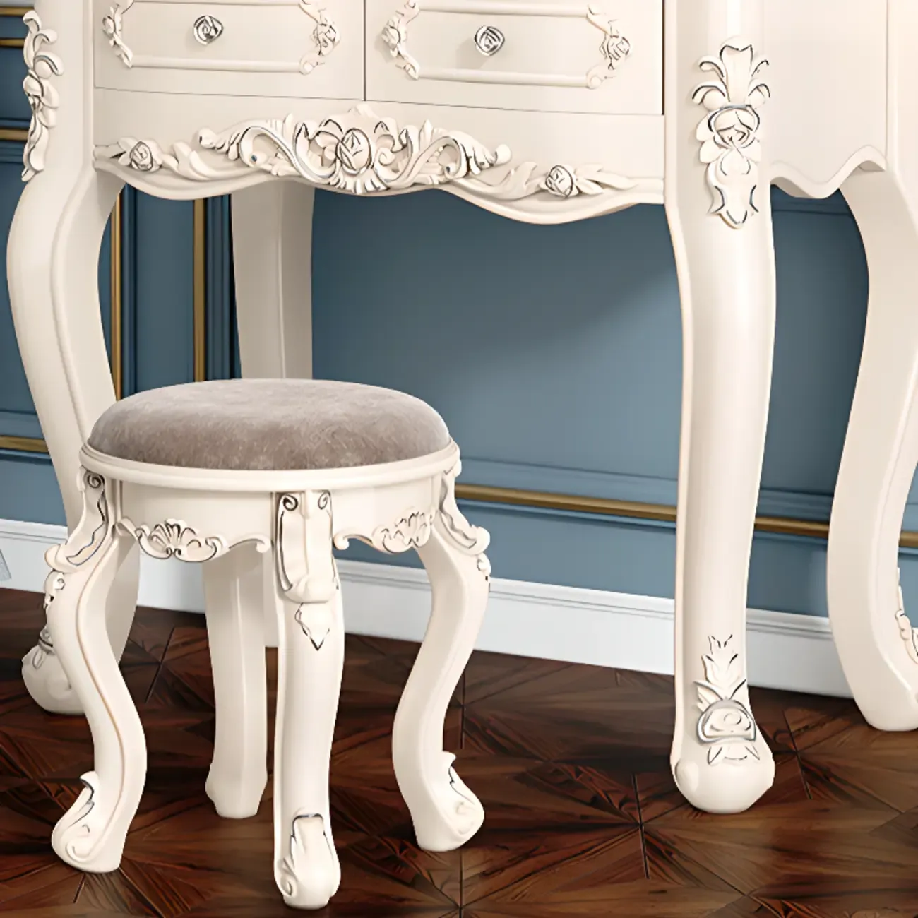 White Wood Victorian Makeup Vanity Set with Mirror and 2 Drawers Image - 13