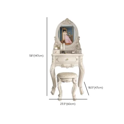 White Wood Victorian Makeup Vanity Set with Mirror and 2 Drawers #size