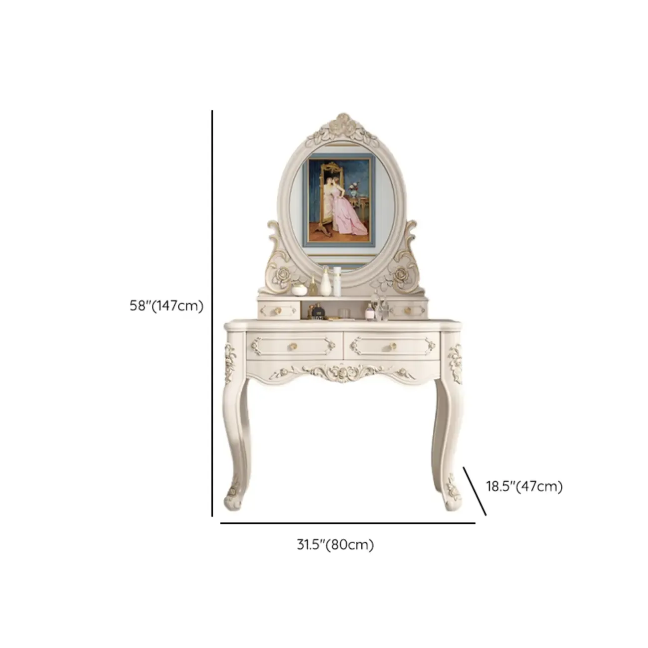 White Wood Victorian Makeup Vanity Set with Mirror and 2 Drawers Image - 18