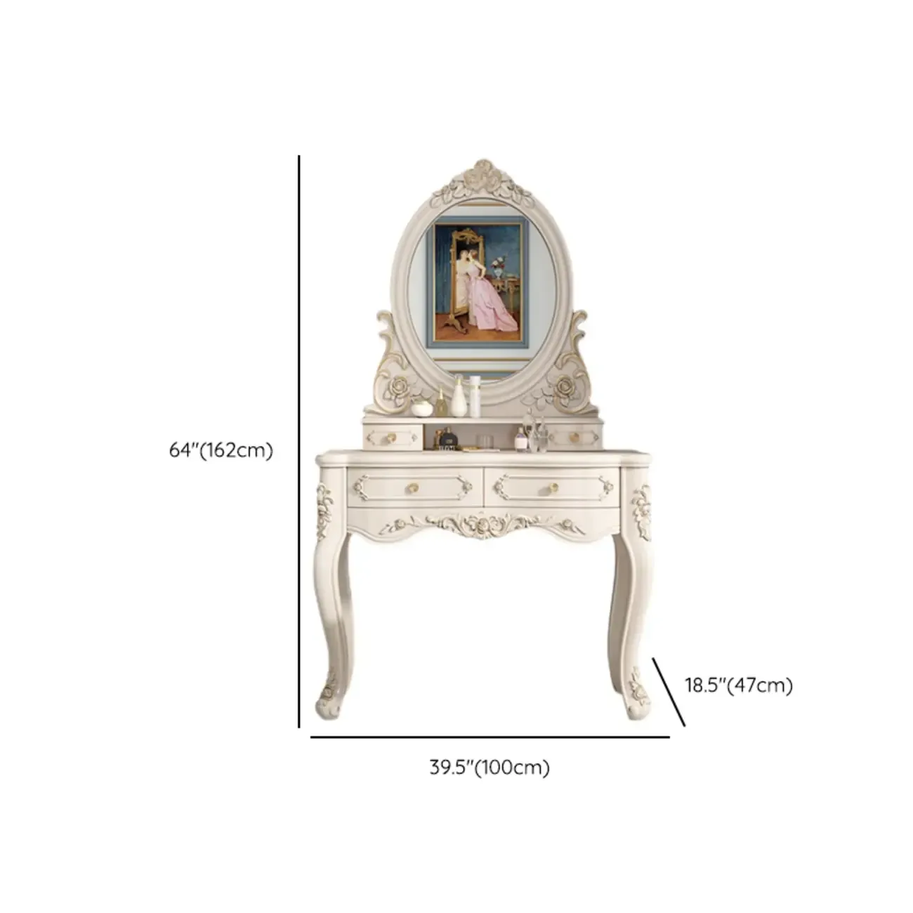 White Wood Victorian Makeup Vanity Set with Mirror and 2 Drawers Image - 19
