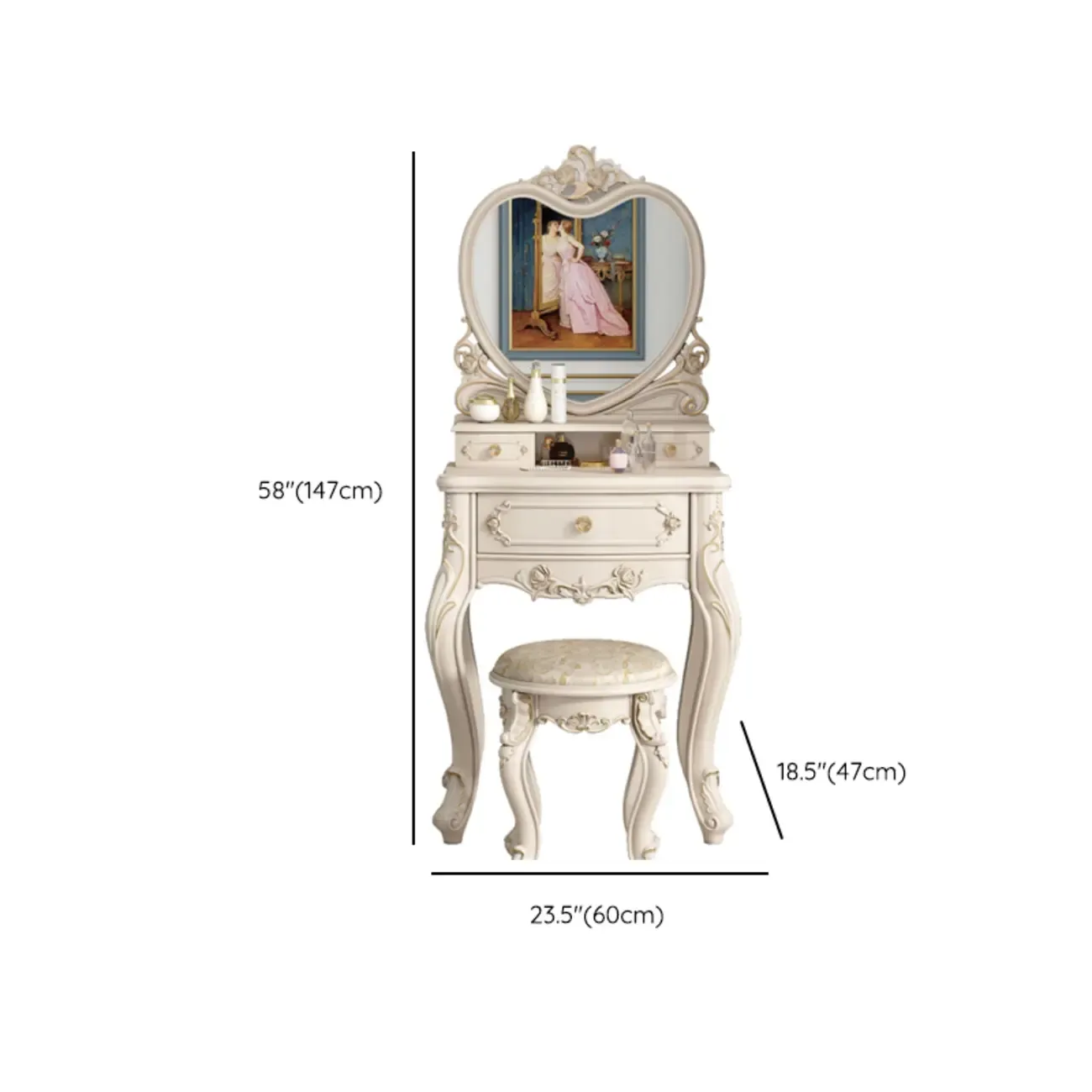 White Wood Victorian Makeup Vanity Set with Mirror and 2 Drawers Image - 20