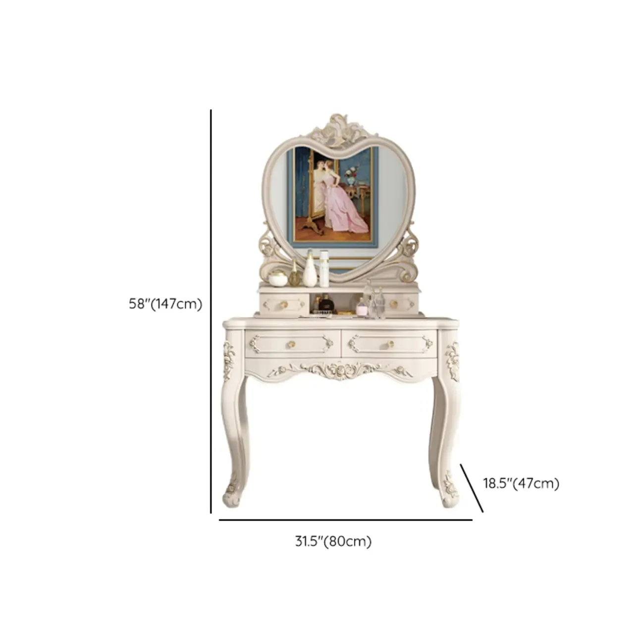 White Wood Victorian Makeup Vanity Set with Mirror and 2 Drawers Image - 21