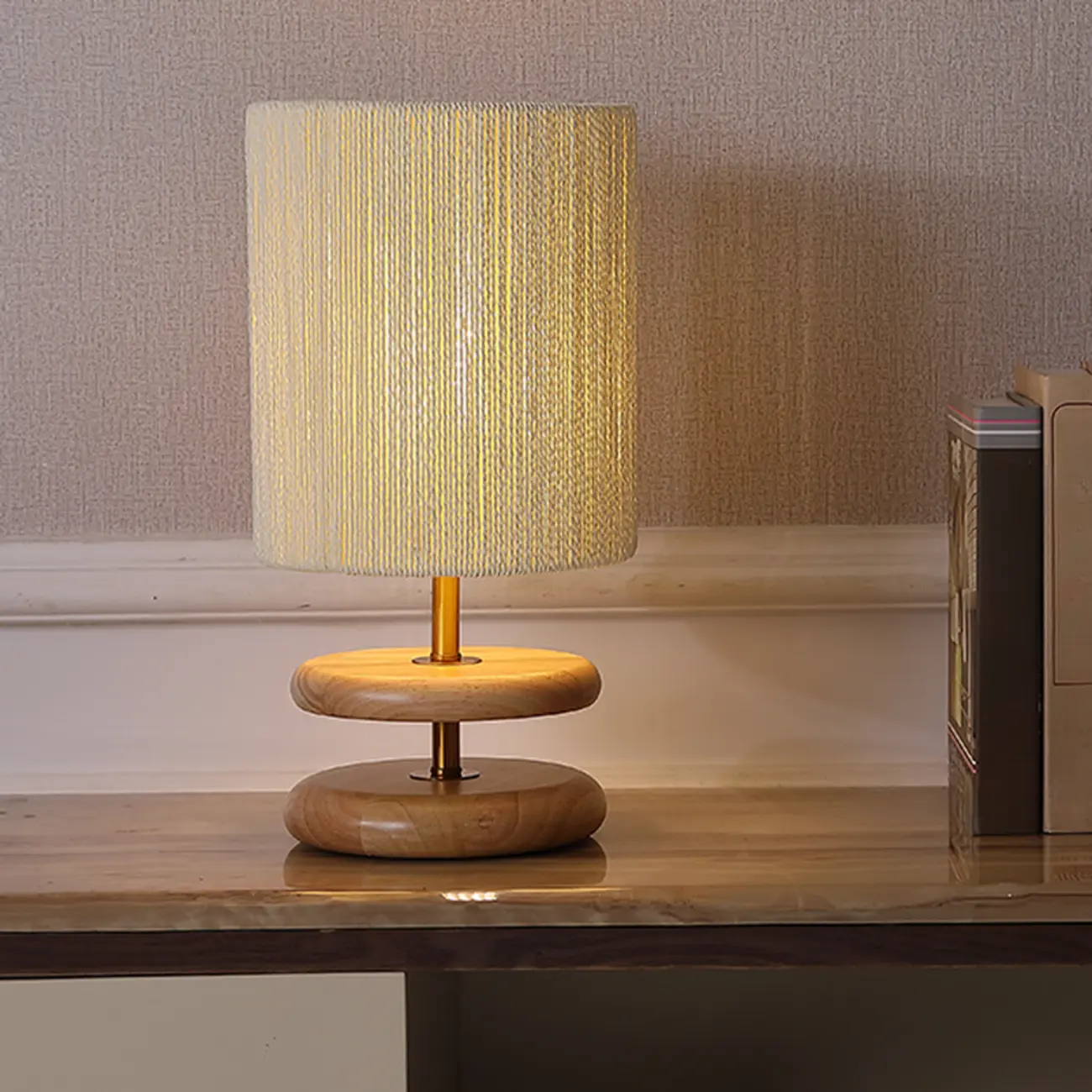 Beige Shade Wooden Base Table Lamp Plug-in for Residential Image - 1 | homeyfad