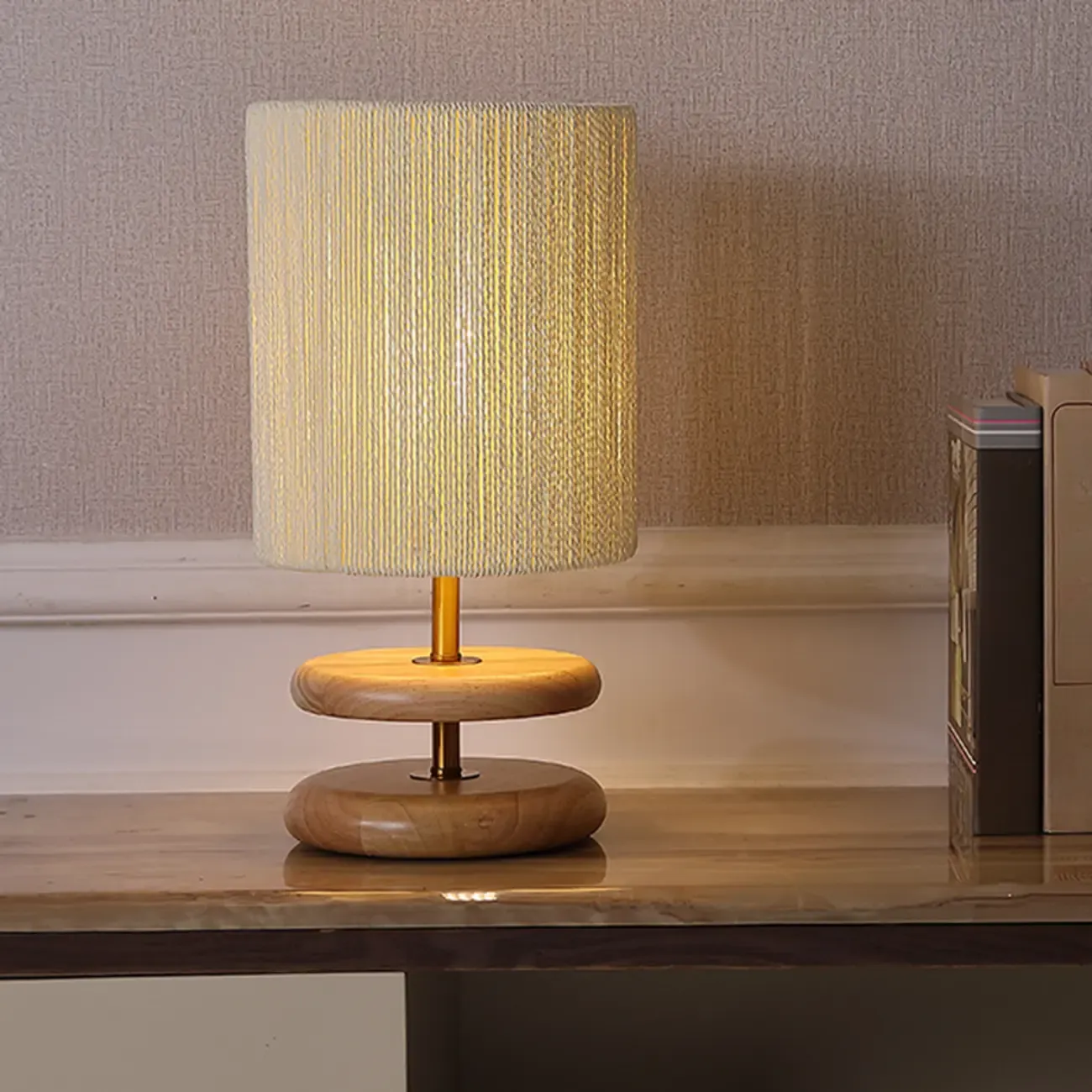 Beige Shade Wooden Base Table Lamp Plug-in for Residential Image - 1