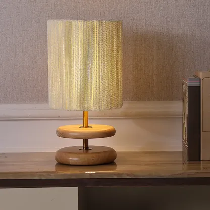Beige Shade Wooden Base Table Lamp Plug-in for Residential Image - 1