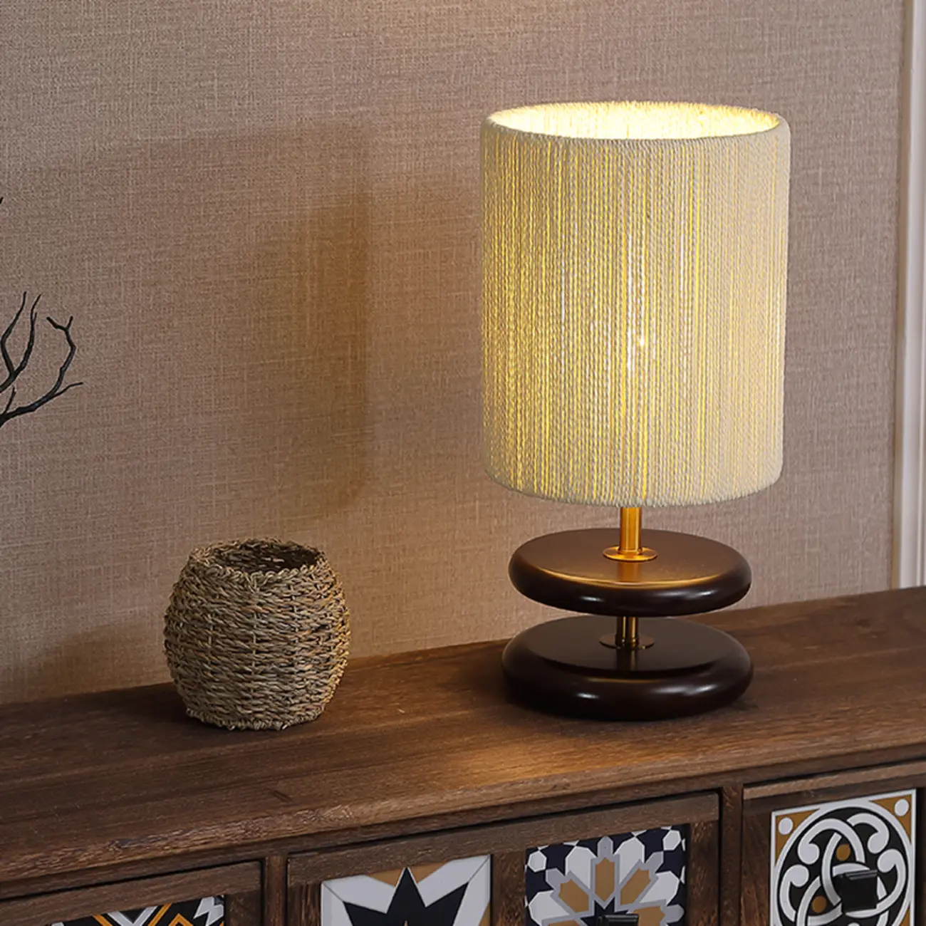 Beige Shade Wooden Base Table Lamp Plug-in for Residential Image - 2 | homeyfad