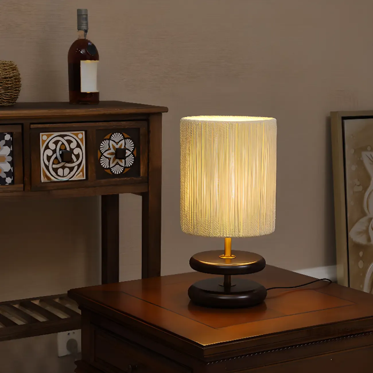 Beige Shade Wooden Base Table Lamp Plug-in for Residential Image - 3