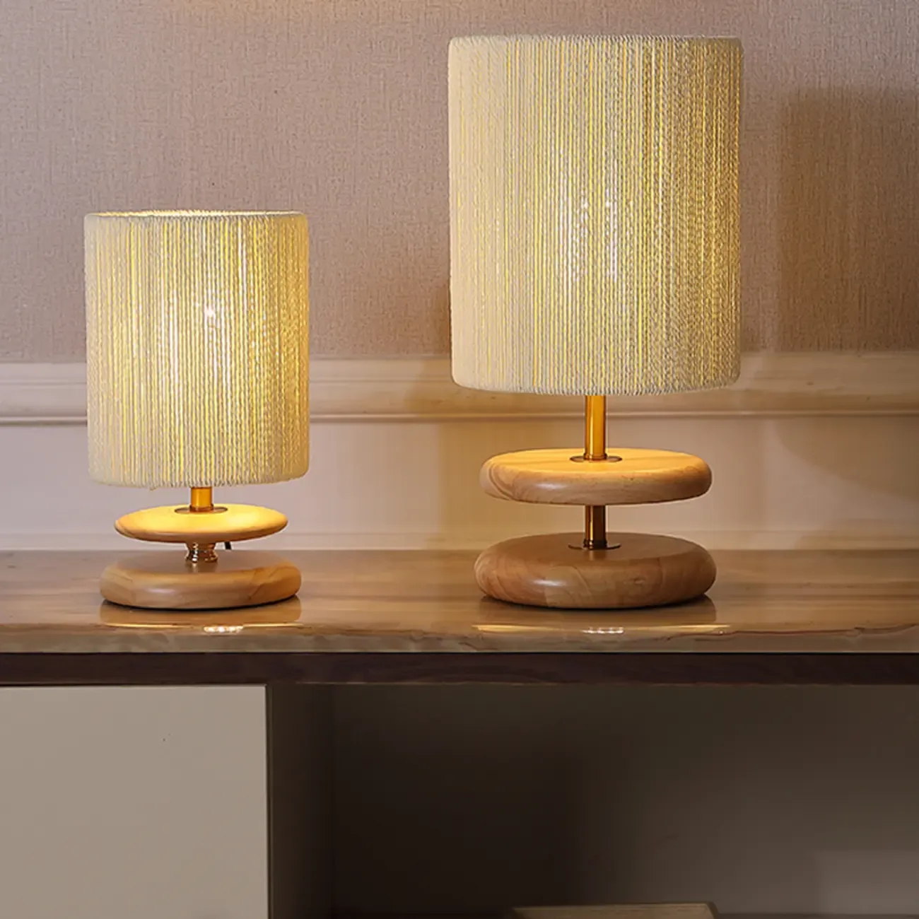 Beige Shade Wooden Base Table Lamp Plug-in for Residential Image - 8