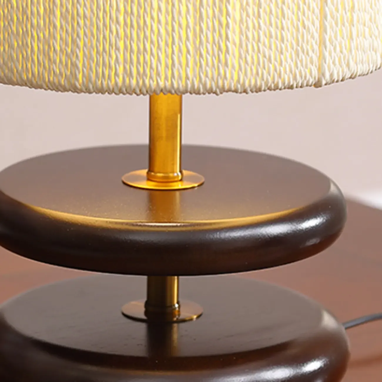 Beige Shade Wooden Base Table Lamp Plug-in for Residential Image - 9