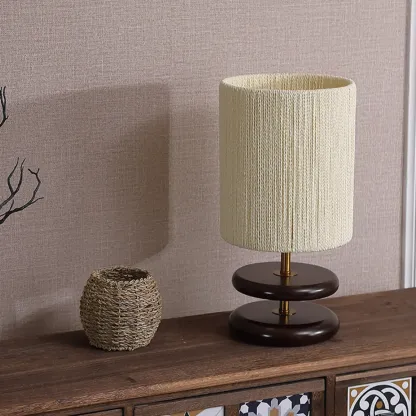 Beige Shade Wooden Base Table Lamp Plug-in for Residential Image - 11