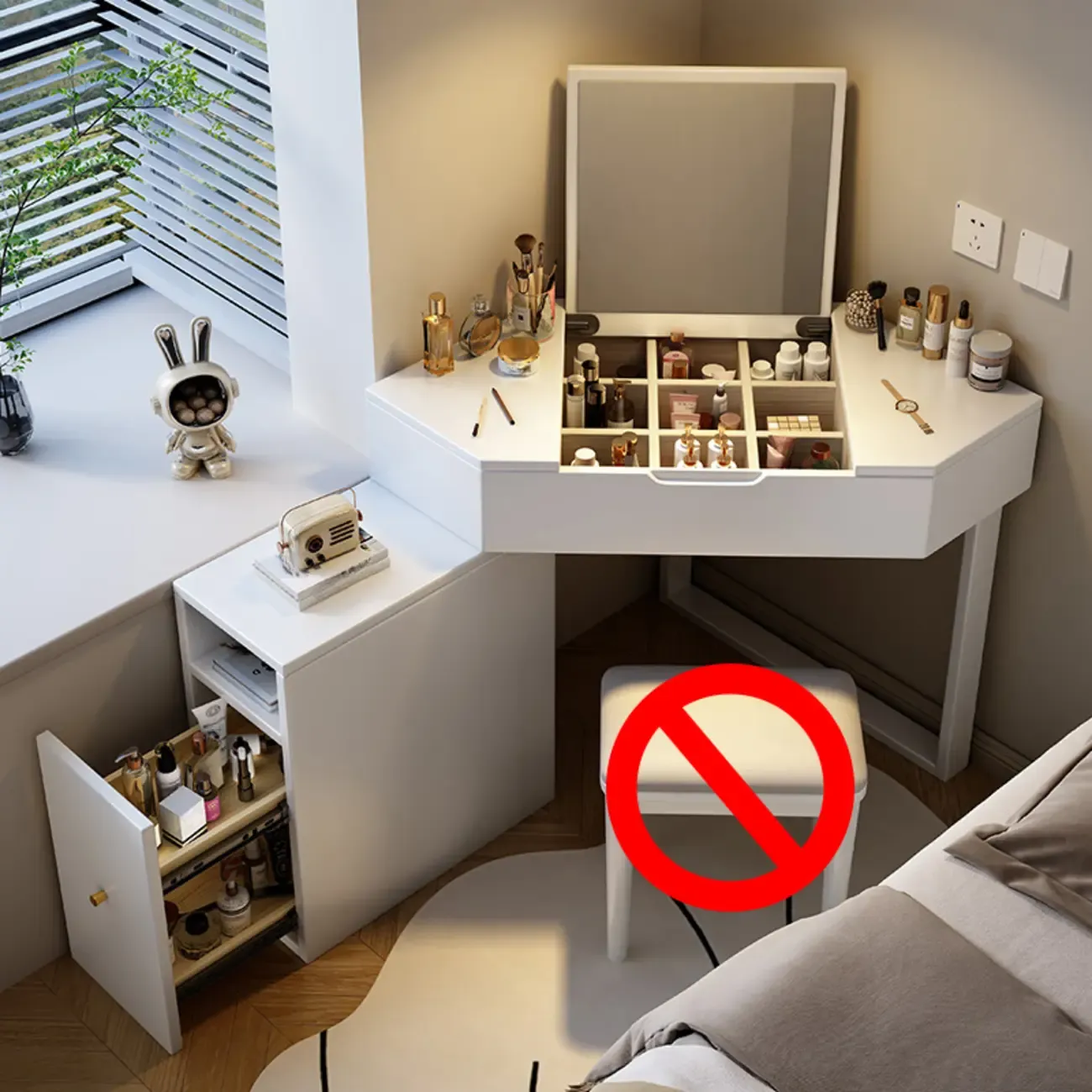 Bedroom Corner Makeup Vanitie Built In Dividers for Storage Image - 2
